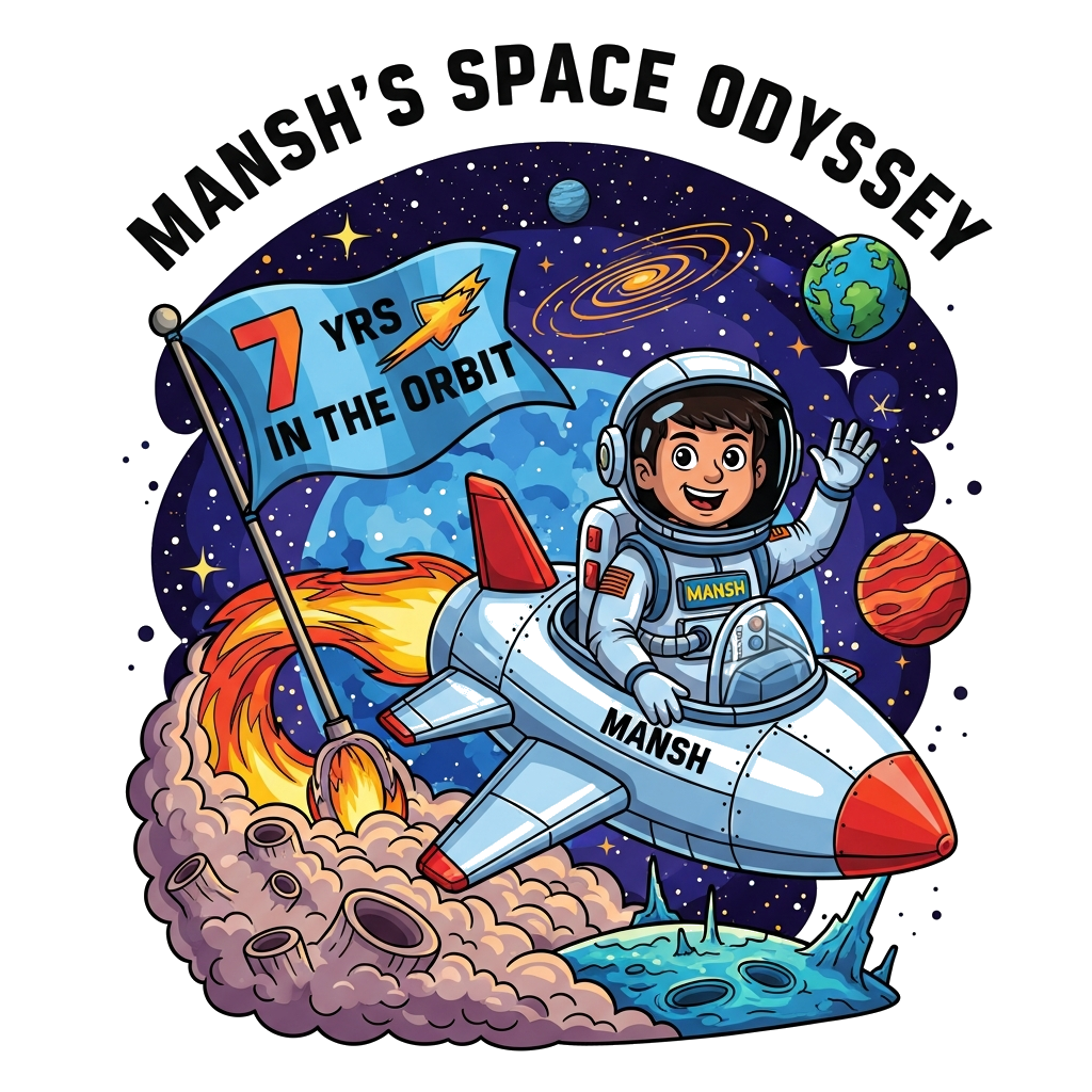Custom design: A detailed, semi-realistic illustration of a cheerful Indian boy, Mansh, depicted as a brave astronaut in a finely cr...