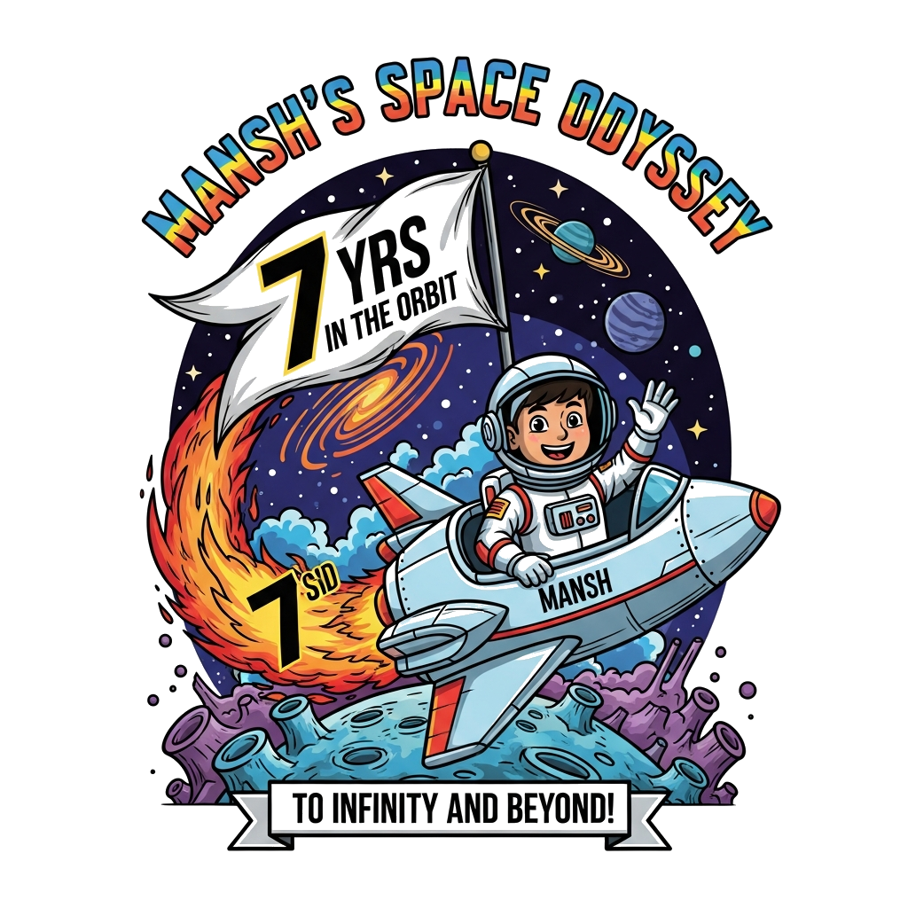 Custom design: A detailed, semi-realistic illustration of a cheerful Indian boy, Mansh, depicted as a brave astronaut in a finely cr...
