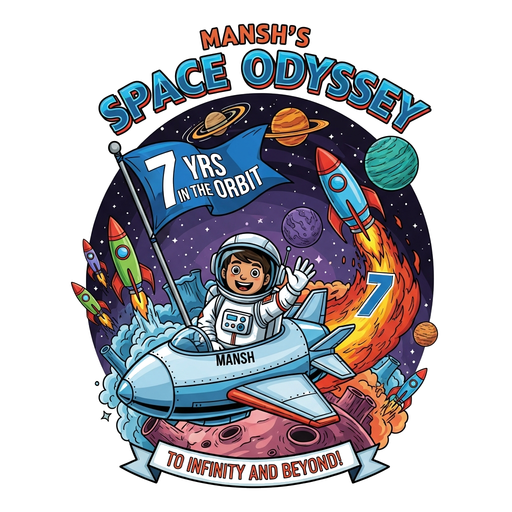 Custom design: A vibrant, detailed illustration of a cheerful Indian boy, Mansh, as a brave astronaut in a futuristic suit, waving c...