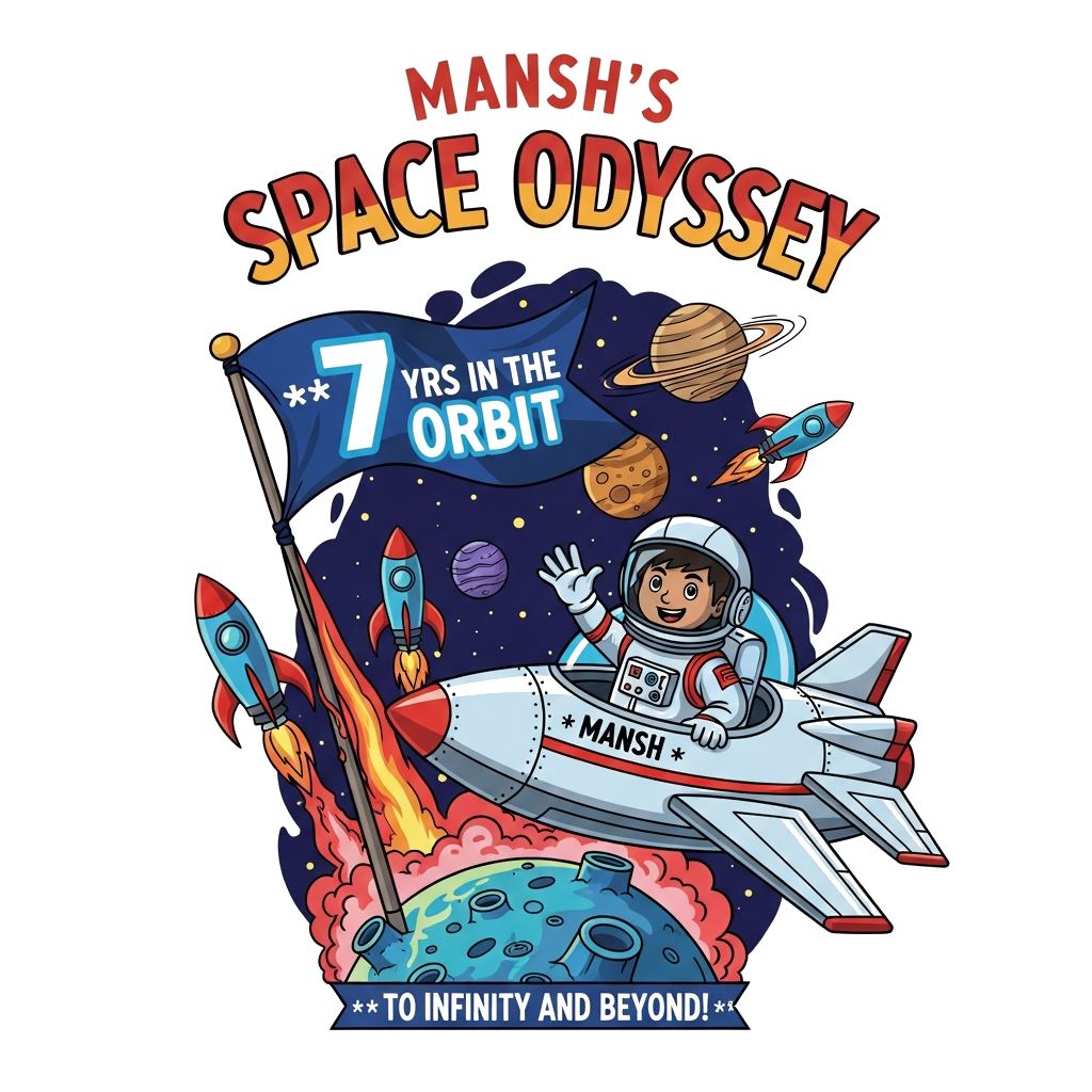 Custom design: A vibrant, detailed illustration of a cheerful Indian boy, Mansh, as a brave astronaut in a futuristic suit, waving c...
