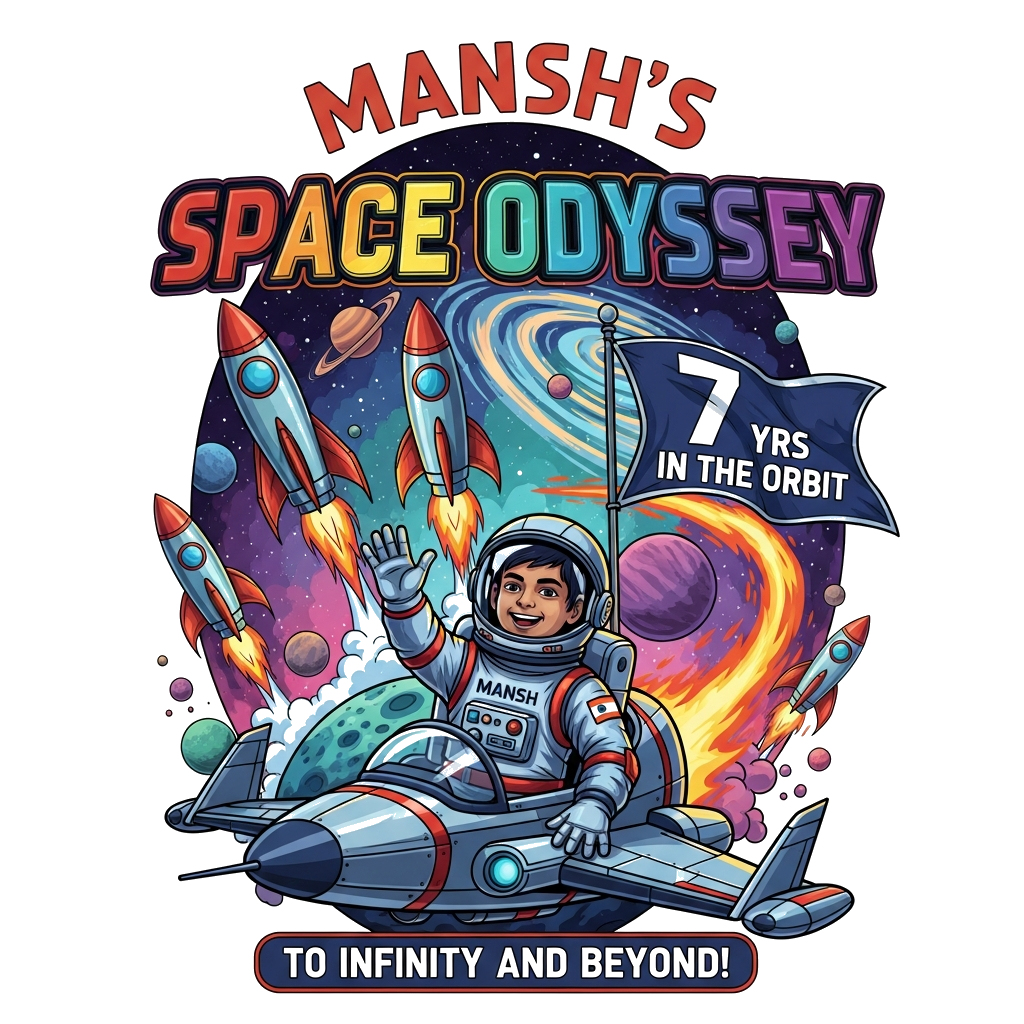 Custom design: A vibrant, detailed illustration of a cheerful Indian boy, Mansh, as a brave astronaut in a futuristic suit, waving c...