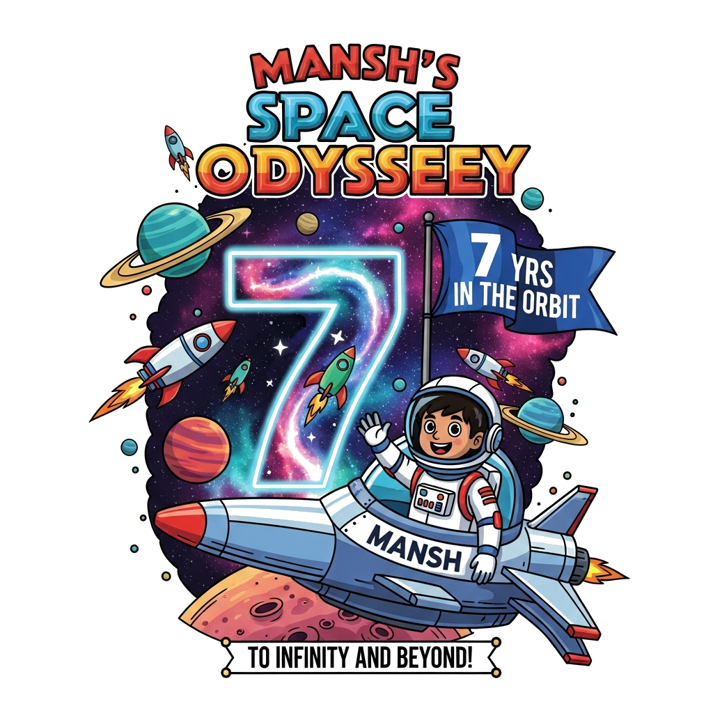 Custom design: A vibrant, detailed illustration of a cheerful Indian boy, Mansh, as a brave astronaut in a futuristic suit, waving c...