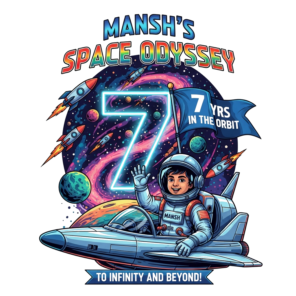 Custom design: A vibrant, detailed illustration of a cheerful Indian boy, Mansh, as a brave astronaut in a futuristic suit, waving c...