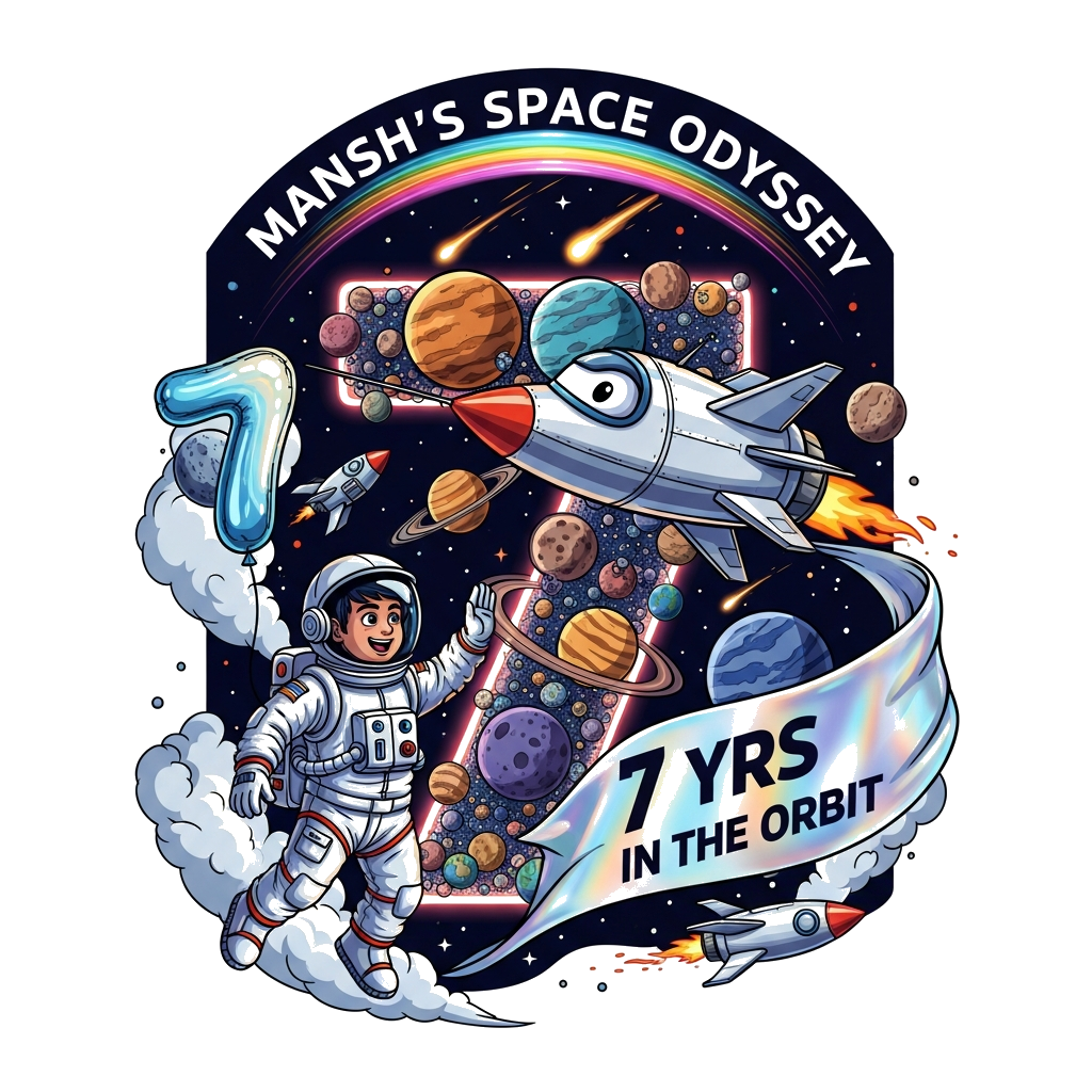 Custom design: A hyper-realistic illustration of a joyful Indian astronaut boy, Mansh, in a detailed spacesuit, mid-high-five with a...