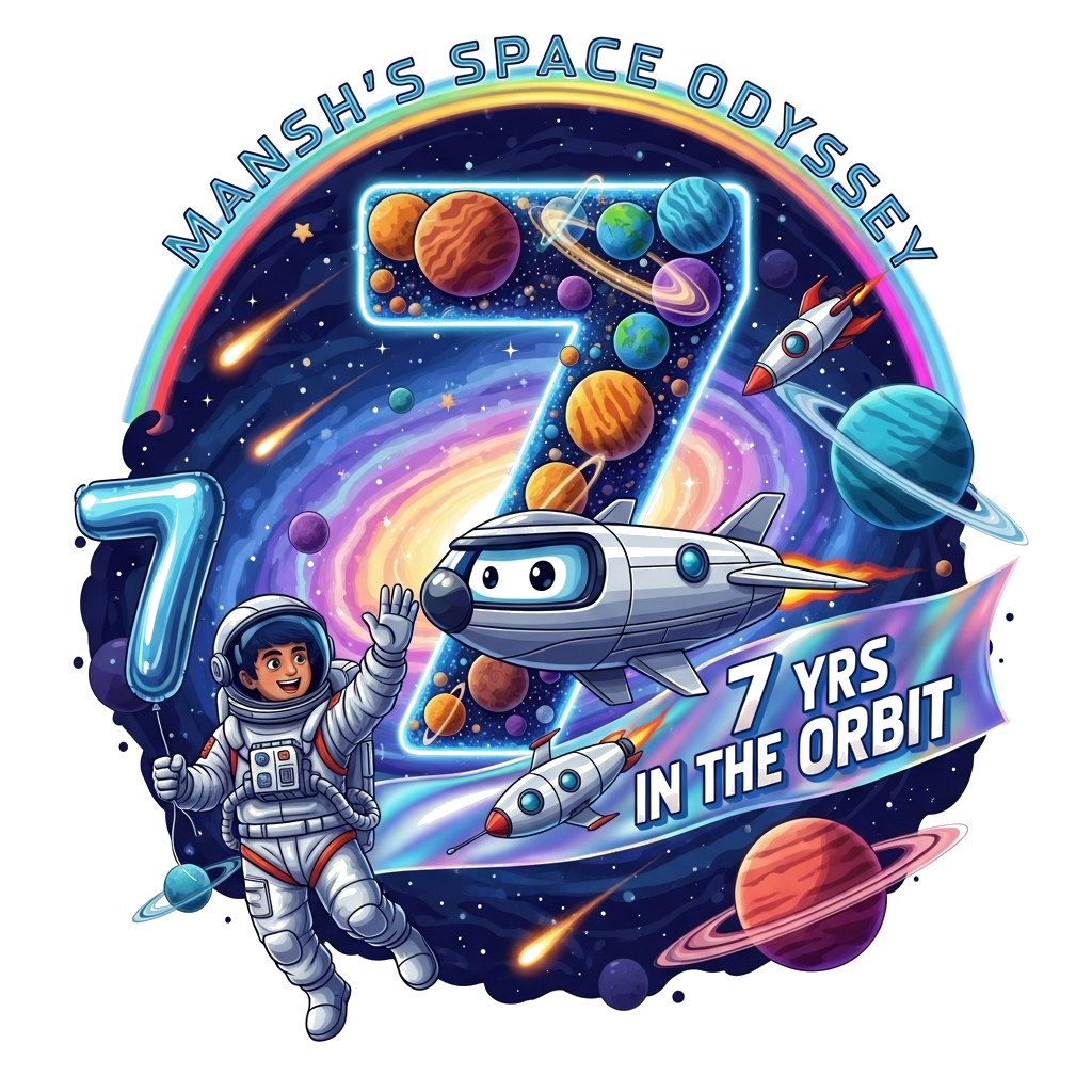 Custom design: A vibrant, playful illustration of a joyful Indian astronaut boy, Mansh, in a detailed spacesuit, high-fiving a sleek...