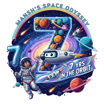 Design: A vibrant, playful illustration of a joyful Indian astronaut boy, Mansh, in a...