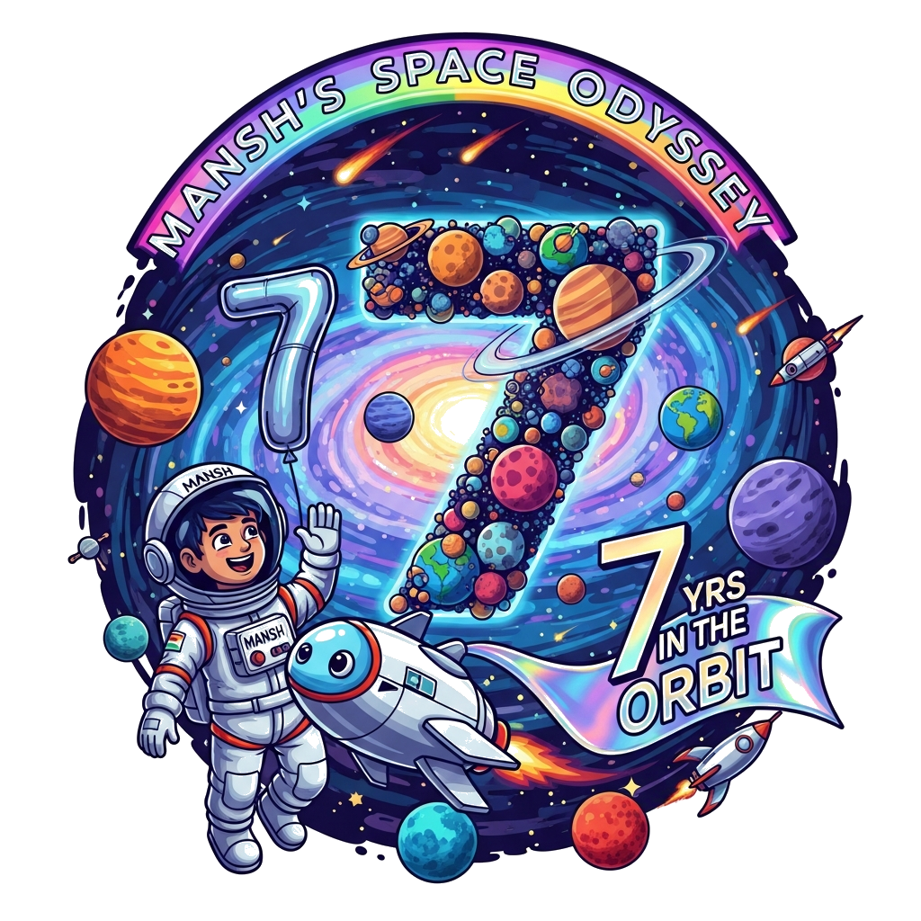 Custom design: A vibrant, playful illustration of a joyful Indian astronaut boy, with the name 'Mansh' clearly visible on his detail...