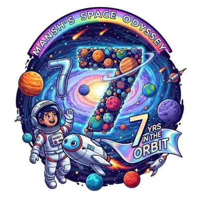Design: A vibrant, playful illustration of a joyful Indian astronaut boy, with the na...
