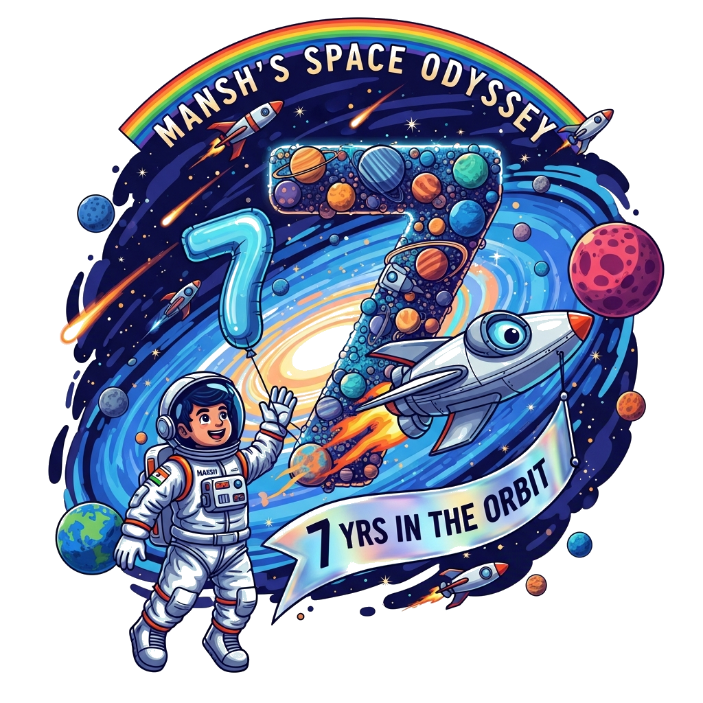 Custom design: A vibrant, playful illustration of a joyful Indian astronaut boy, with 'Mansh' subtly integrated into his detailed sp...