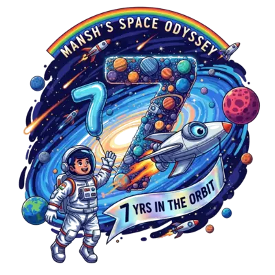 Design: A vibrant, playful illustration of a joyful Indian astronaut boy, with 'Mansh...