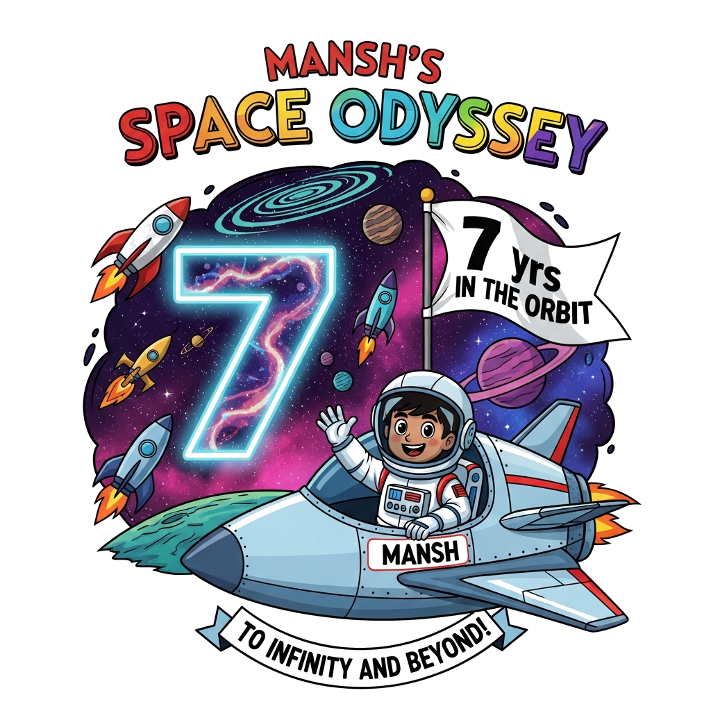 Custom design: A vibrant, detailed illustration of a cheerful Indian boy, Mansh, as a brave astronaut in a futuristic suit, waving c...