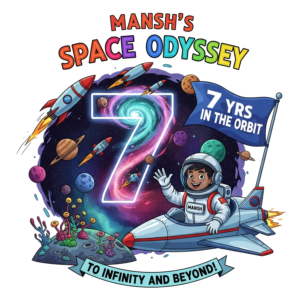 Custom design: A vibrant illustration of a cheerful Indian boy, Mansh, as a brave astronaut in a futuristic suit, waving confidently...