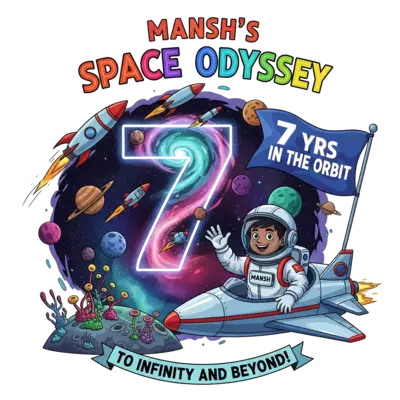Design: A vibrant illustration of a cheerful Indian boy, Mansh, as a brave astronaut ...