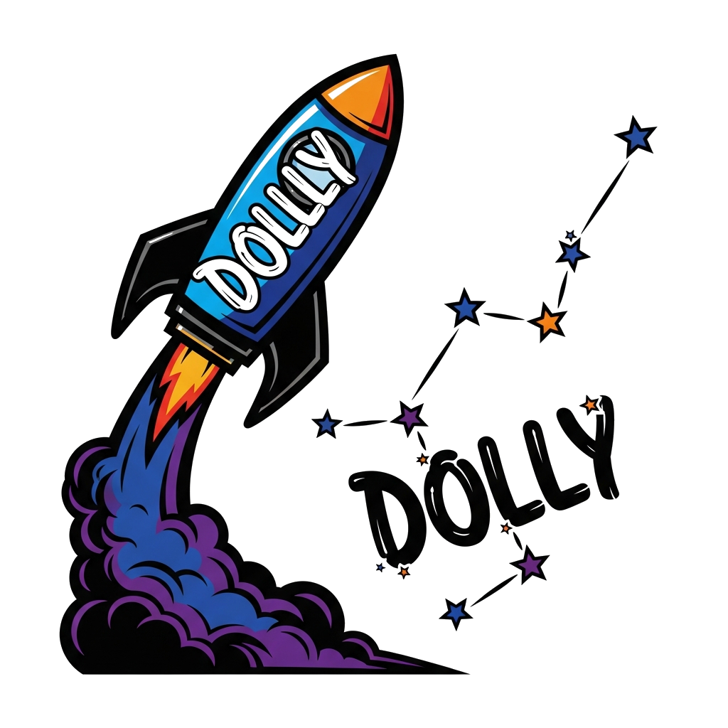 Custom design: A bold, cool, and dynamic illustration of a rocket launching into a starry galaxy, with the name 'DOLLY' integrated c...