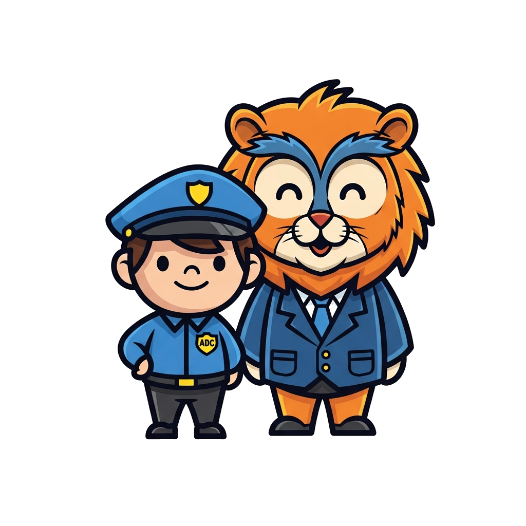 Custom design: A charming cartoon illustration of a confident little child in a simplified, smart uniform with a small 'ADC' badge, ...