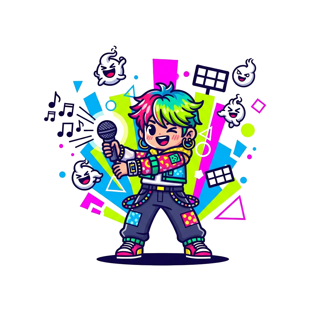 Custom design: A cheerful, cartoon K-pop idol character, with vibrant hair and a stylish outfit, striking a powerful dance pose. The...