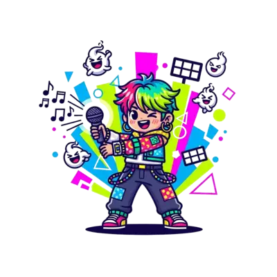 Design: A cheerful, cartoon K-pop idol character, with vibrant hair and a stylish out...