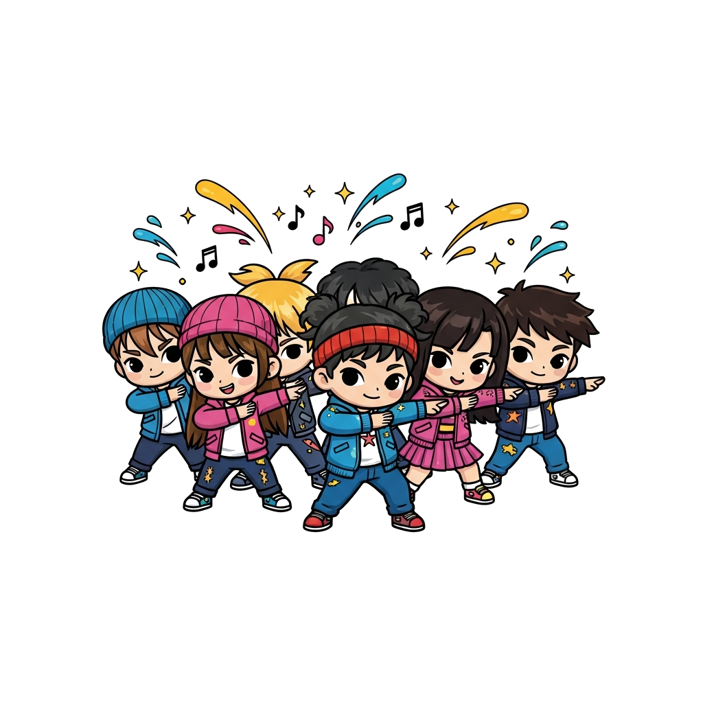 Custom design: A group of diverse, chibi-style K-pop kids, dressed in cool, coordinated outfits, performing a synchronized dance mov...