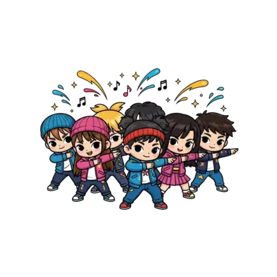 Design: A group of diverse, chibi-style K-pop kids, dressed in cool, coordinated outf...