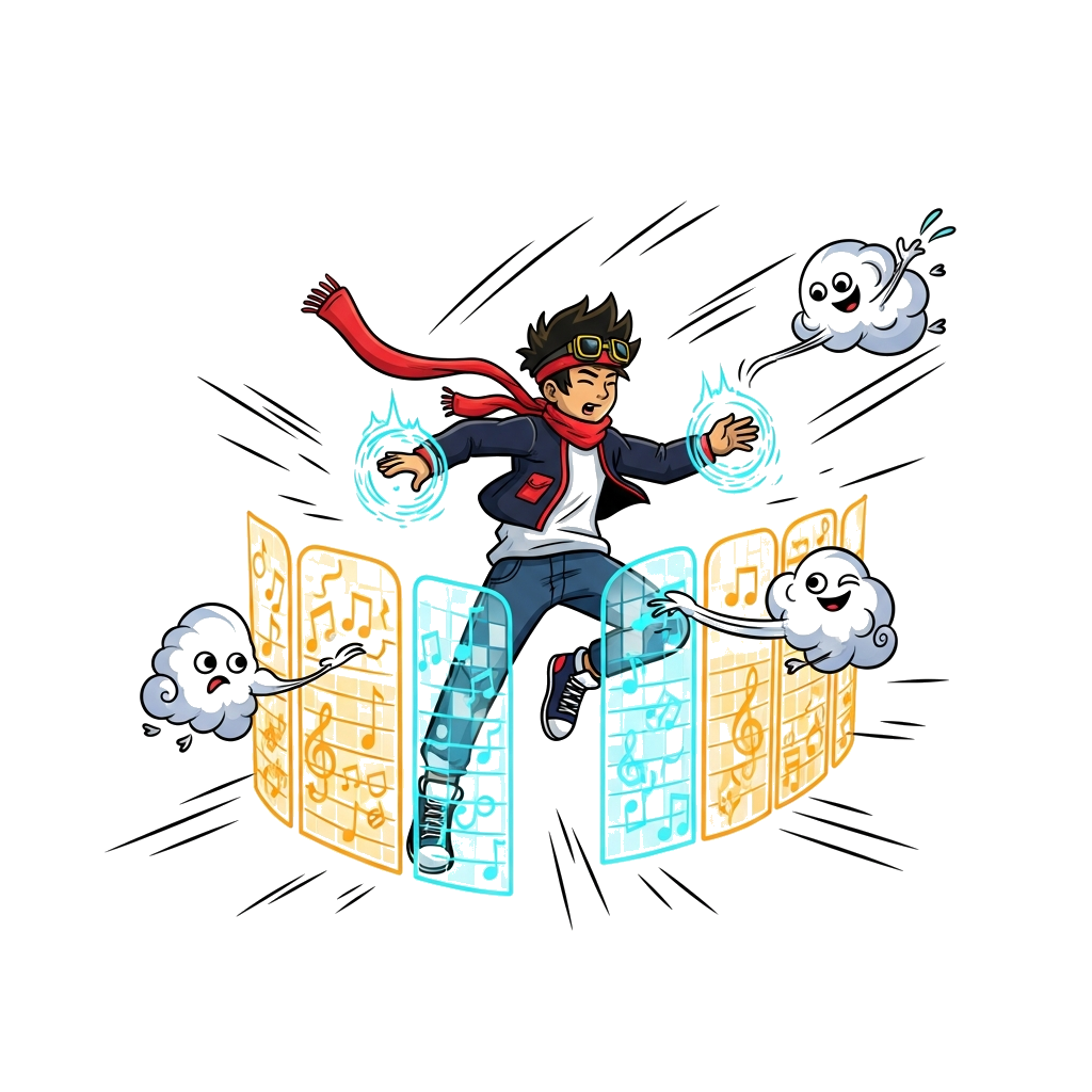 Custom design: A dynamic cartoon illustration of a young K-pop inspired hero, mid-air, with flowing scarf and trendy outfit. They ar...