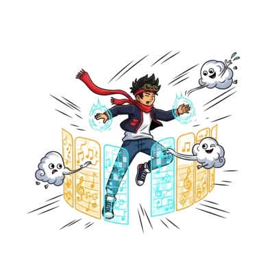 Design: A dynamic cartoon illustration of a young K-pop inspired hero, mid-air, with ...