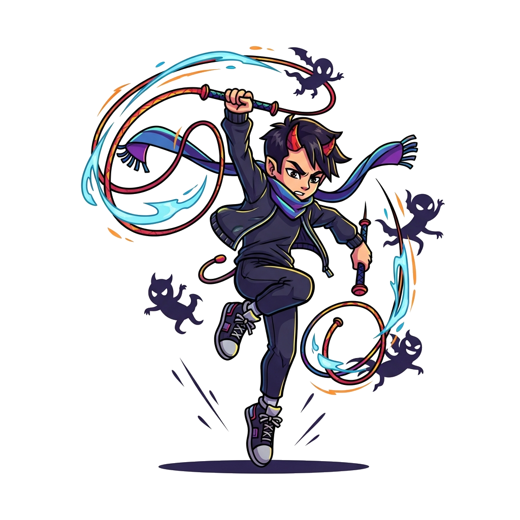 Custom design: A dynamic cartoon illustration of a young K-pop inspired demonhunter, mid-air, with a determined expression, flowing ...