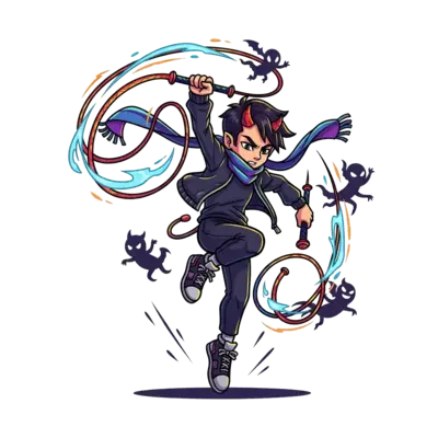 Design: A dynamic cartoon illustration of a young K-pop inspired demonhunter, mid-air...