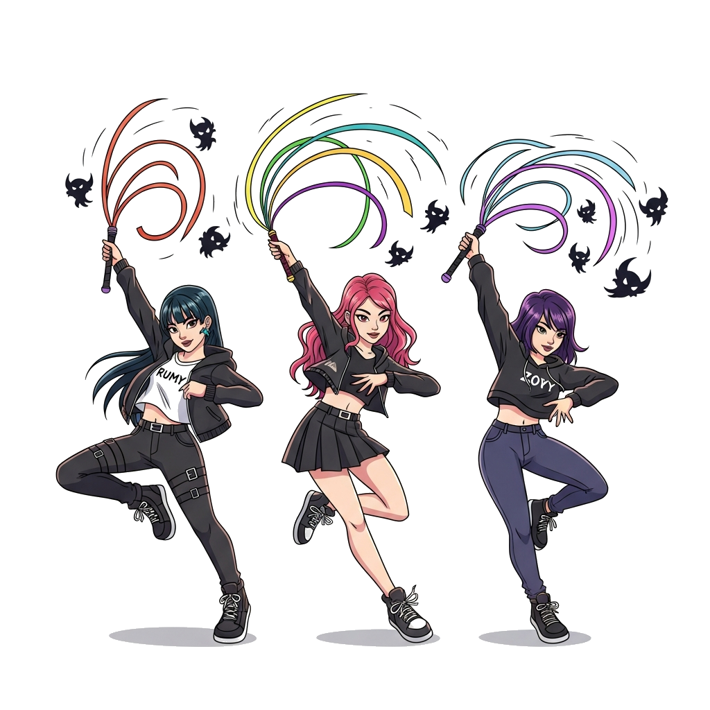 Custom design: A vibrant cartoon illustration featuring three energetic K-pop inspired demonhunters, Rumy, Mira, and Zoey, each in a...