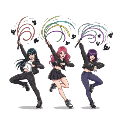Design: A vibrant cartoon illustration featuring three energetic K-pop inspired demon...