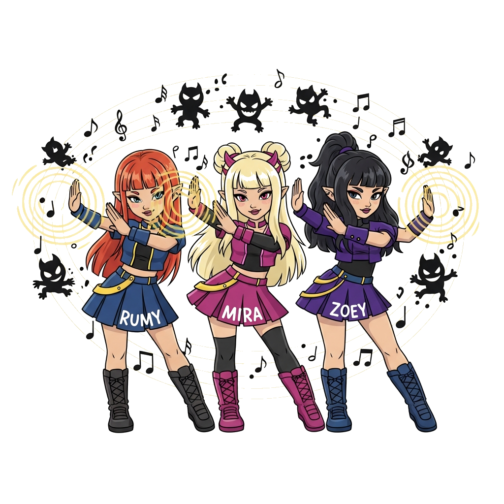 Custom design: A playful illustration of three K-pop inspired demonhunters, Rumy, Mira, and Zoey, posed together in a synchronized d...