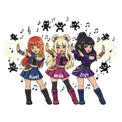 Design: A playful illustration of three K-pop inspired demonhunters, Rumy, Mira, and ...
