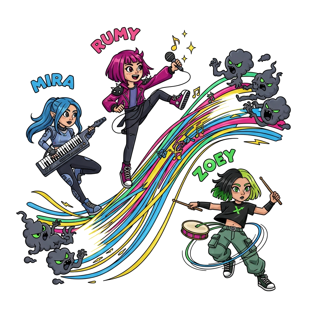 Custom design: An action-packed cartoon graphic showing three young K-pop inspired demonhunters, Rumy, Mira, and Zoey, leaping and t...