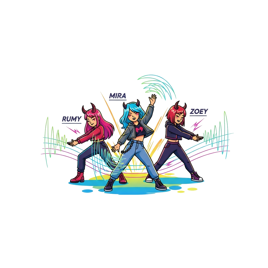 Custom design: A dynamic illustration of three K-pop inspired demonhunters, Rumy, Mira, and Zoey, in a cool, stylized group pose. Th...