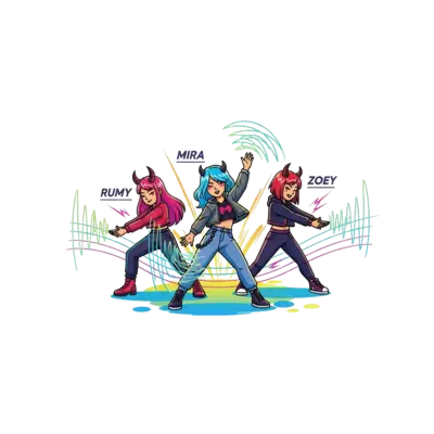 Design: A dynamic illustration of three K-pop inspired demonhunters, Rumy, Mira, and ...