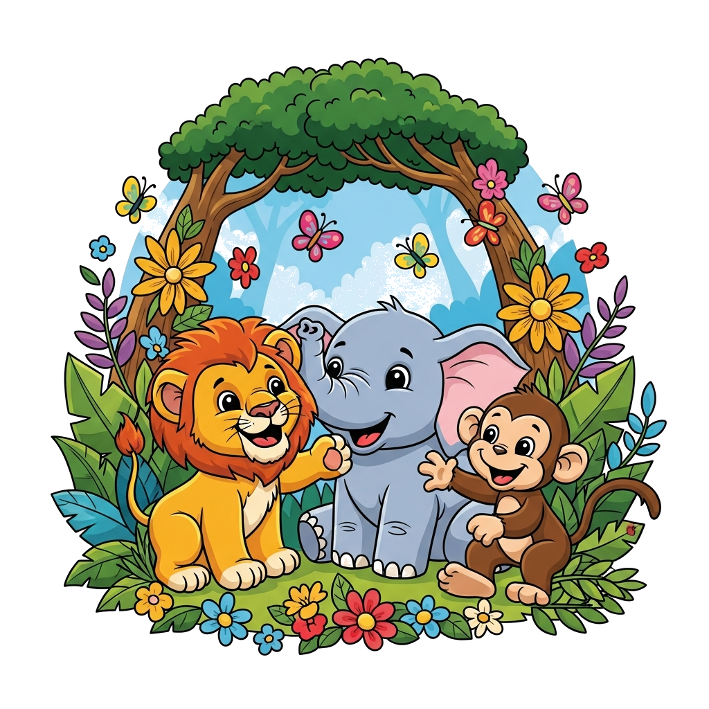 Custom design: A group of adorable, smiling jungle animals (lion cub, baby elephant, monkey) playing together in a lush, vibrant for...
