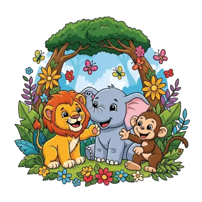 Design: A group of adorable, smiling jungle animals (lion cub, baby elephant, monkey)...