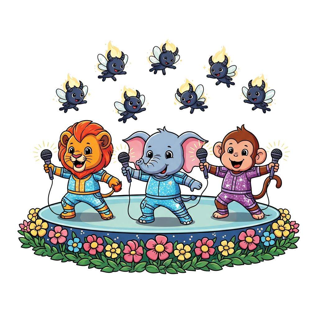 Custom design: A vibrant, cheerful cartoon illustration featuring an adorable lion cub, a cute baby elephant, and a playful monkey, ...
