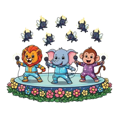 Design: A vibrant, cheerful cartoon illustration featuring an adorable lion cub, a cu...