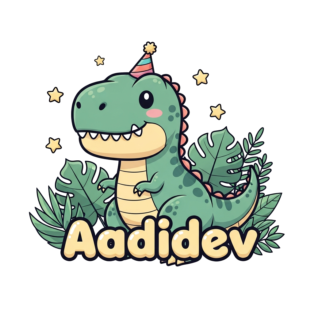 Custom design: A super cute, friendly cartoon Tyrannosaurus Rex wearing a little party hat, surrounded by jungle leaves and stars, w...