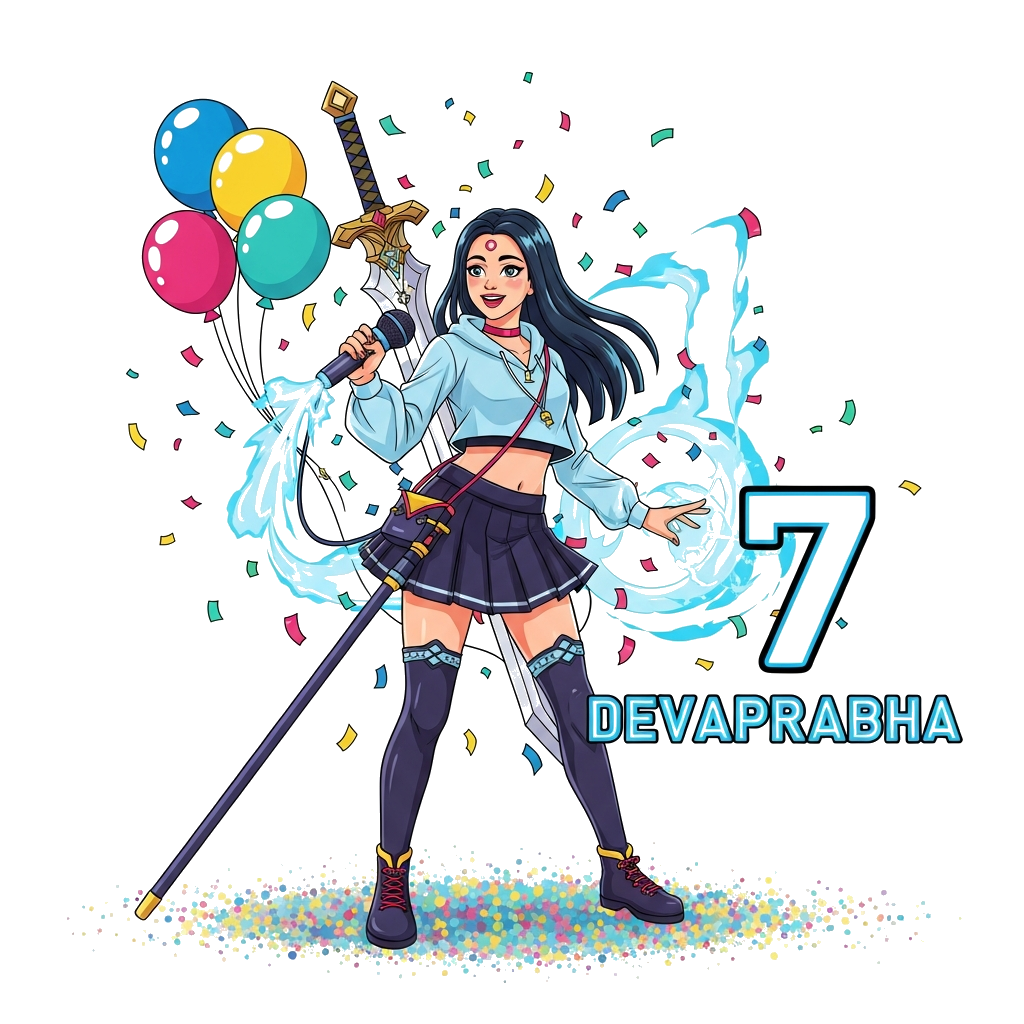 Custom design: A vibrant, dynamic cartoon illustration of Devaprabha (7) as a K-pop idol, inspired by Rumi from 'KPop Demon Hunters'...