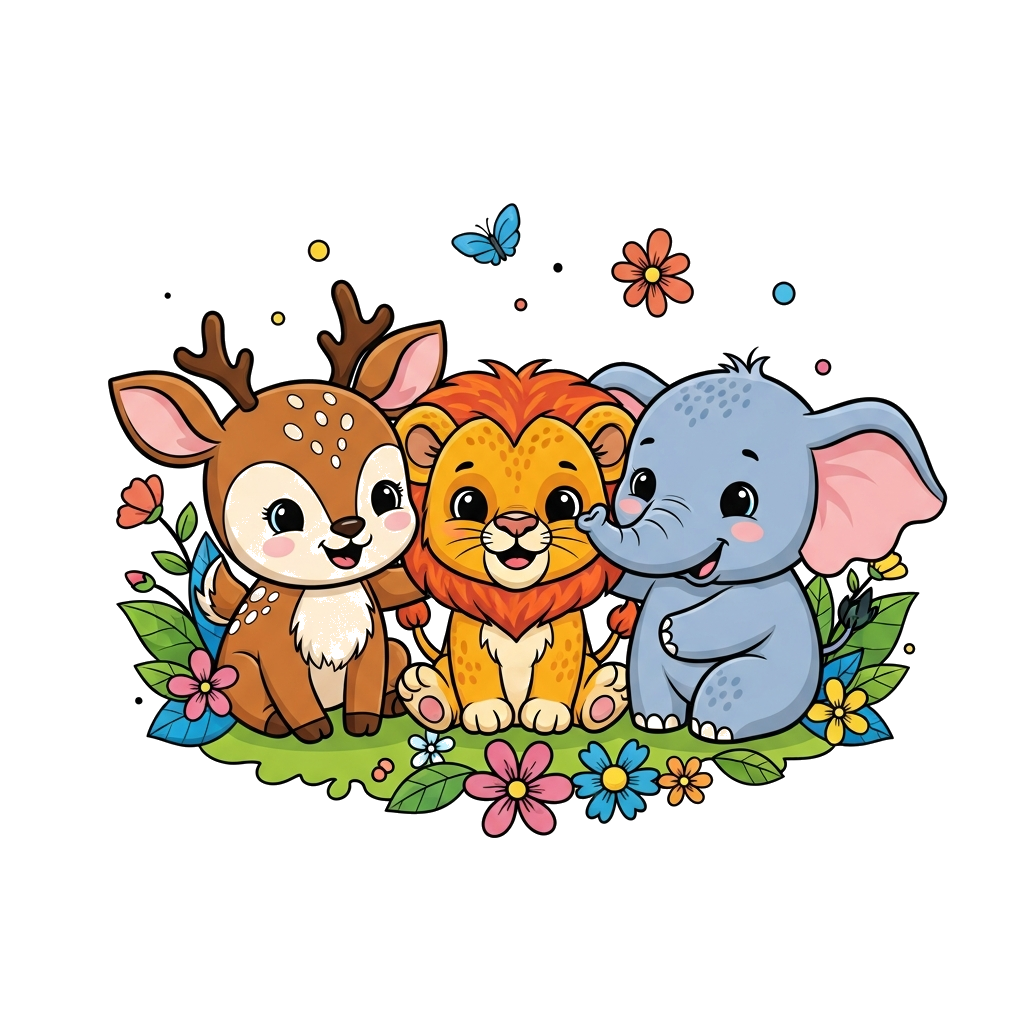 Custom design: A super cute cartoon illustration of a baby deer, a baby lion cub, and a baby elephant playing together in a vibrant,...