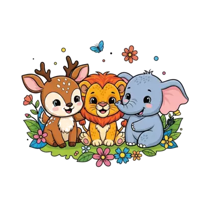 Design: A super cute cartoon illustration of a baby deer, a baby lion cub, and a baby...