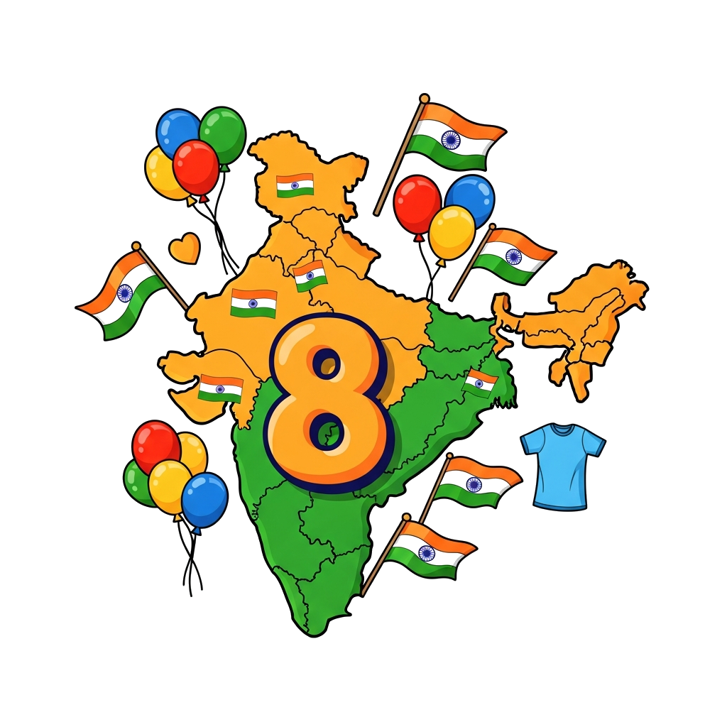 Custom design: A cheerful, cartoon-style map of India, vibrant and friendly, with a large, bold number '8' integrated into the desig...