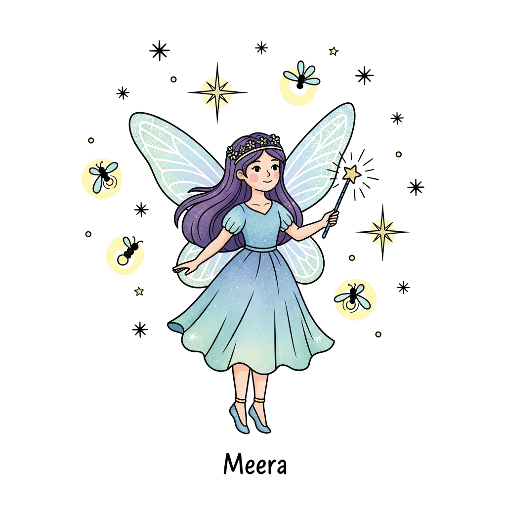 Custom design: A whimsical illustration of a graceful fairy princess named Meera, with shimmering wings and a magical wand, surround...
