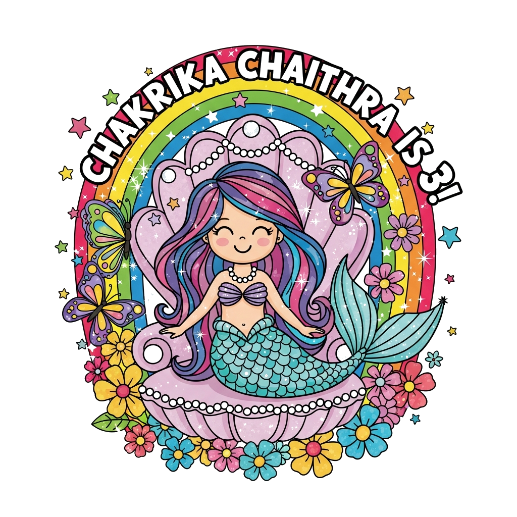 Custom design: A whimsical mermaid princess with long flowing hair, surrounded by sparkling butterflies and vibrant flowers, sitting...