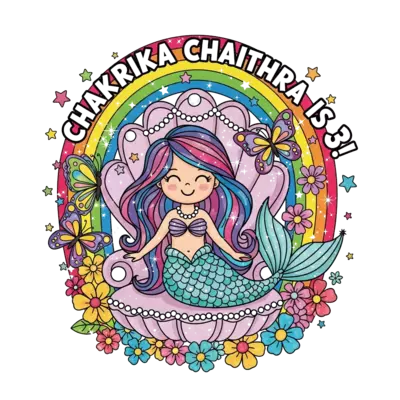 Design: A whimsical mermaid princess with long flowing hair, surrounded by sparkling ...