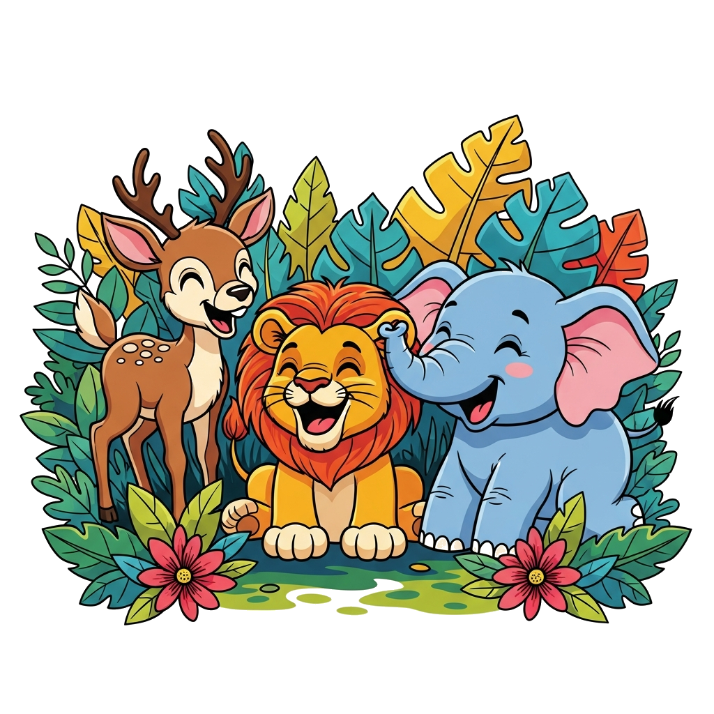 Custom design: A joyful cartoon illustration of a baby deer, a playful lion cub, and a friendly baby elephant, all laughing and play...