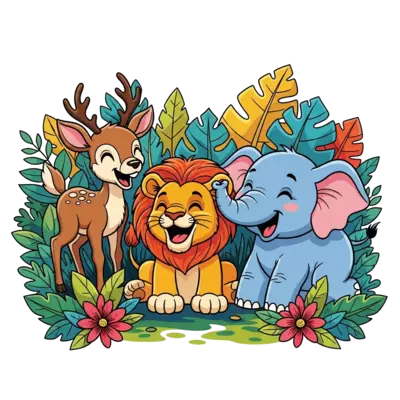 Design: A joyful cartoon illustration of a baby deer, a playful lion cub, and a frien...