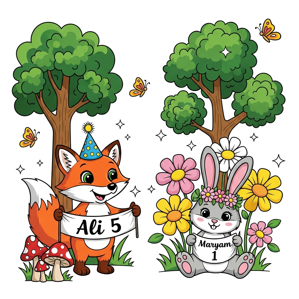 Custom design: A vibrant and playful cartoon forest scene with a curious fox wearing a birthday hat, holding a banner that says 'Ali...