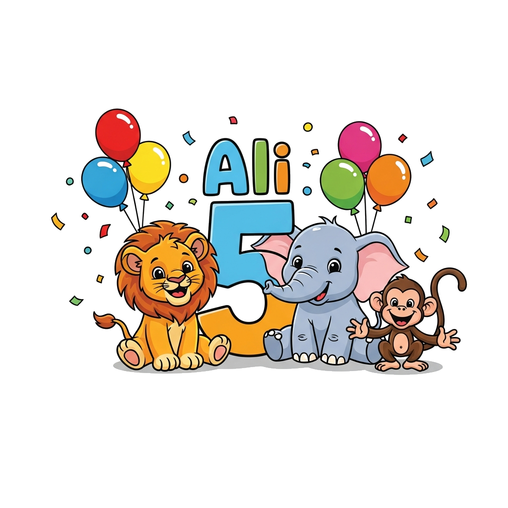 Custom design: A vibrant and colorful illustration of cute jungle animals (lion cub, baby elephant, playful monkey) celebrating arou...